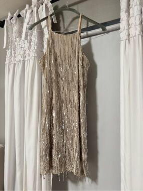 Sequin Fringe Halter Mini Dress - Gold